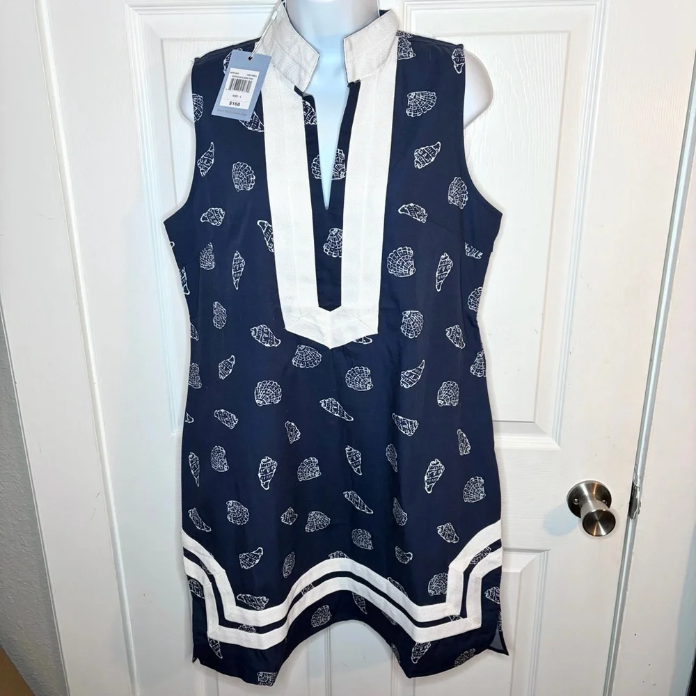 Sail to Sable Seashell Print Signature Mini Caftan Cotton Dress Mini Navy L NWT - Picture 5 of 13